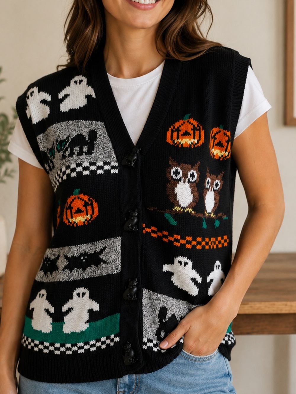 Sweater Loft Women Size M Halloween Knit Vest Ghost Pumpkin Black Cat